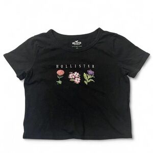Hollister Black Ultra Crop T-Shirt with Floral Graphic Design size S